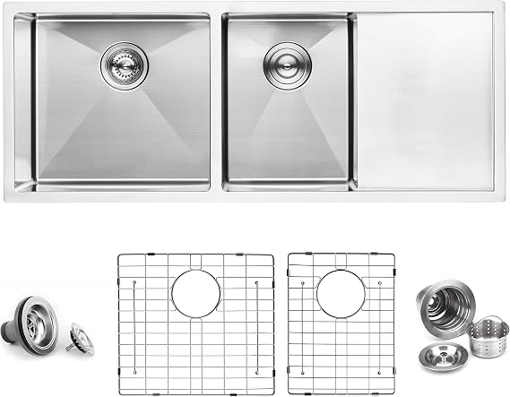 BAI 1255 Stainless Steel 16 Gauge Kitchen Sink Handmade 45-inch Undermount Double Bowl with Drainboard