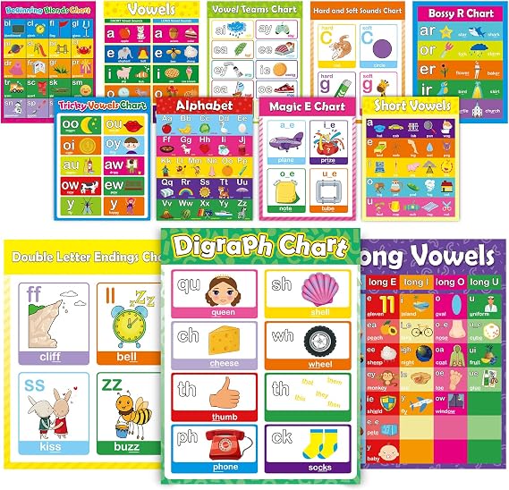 gisgfim 12 Pieces English Phonics Language Posters Decorations for Word Wall Phonics Charts for Alphabet Flash Cards Materials