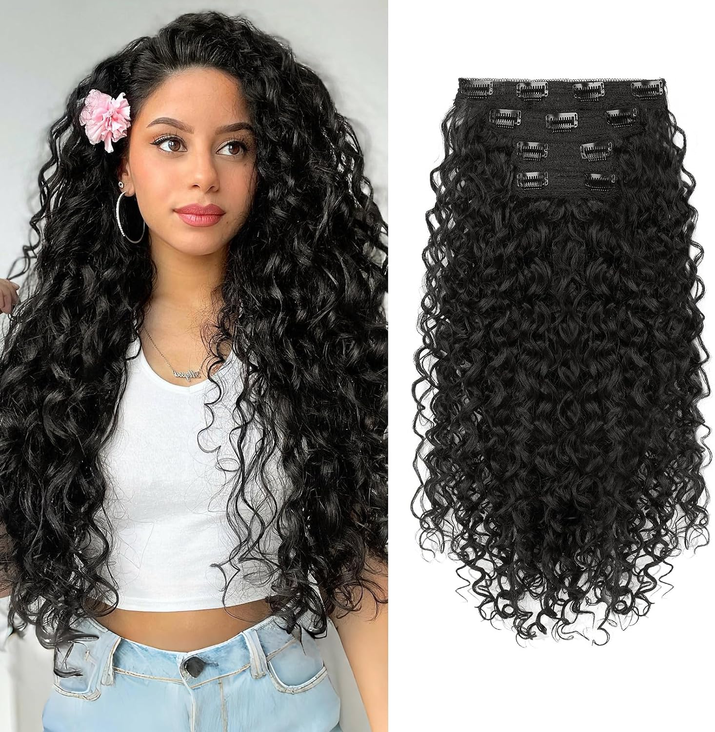 Clip in Hair Extensions, FLUFYMOOZ 4PC 100％ Pure Protein Silk Hair Extensions Long Soft Natural Hairpiece 20 Inch Curly Hair Extension for Women Black Brown
