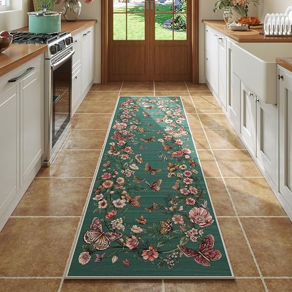 Rugcomf Runner Rug for Kitchen Rug Non Slip 2'6''x8' Washable Rugs with Rubber Backing Soft Floral Butterfly Carpet Runner for Kitchen Laundry Bedroom Bathroom, Green
