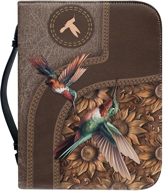 Hummingbird Sunflower Leather Bible Case Organizer, Carrying Book Case Church Bag Bible Protective with Inside Pocket, Brown M