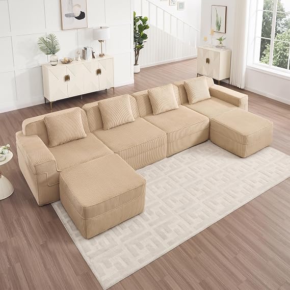 153'' Oversized Boneless Couch, U-Shaped Modular Sectional Sofa, Upholstered Corduroy Sofa, Double Chaise Lounge, 4 Pillows, 6-Seater Deep Cloud Couches for Living Room, Apartment, Camel