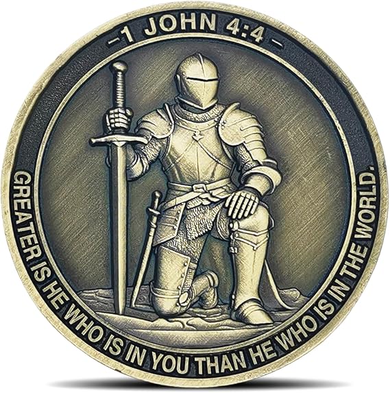 Christian Knight Challenge Coin Religious Warrior Coins - 1 John 4:4 & Philippians 4:13 Scripture Strength & Courage