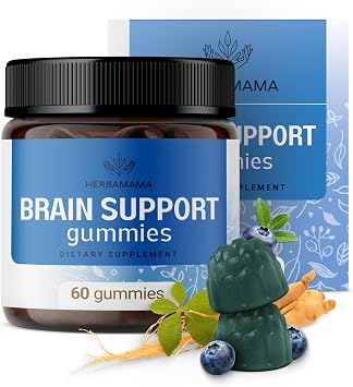 HERBAMAMA Brain Support Gummies Brain Focus Supplements for Adults with Ashwagandha, Bacopa Monnieri, Vitamin C & B12 Vegan, Non-GMO Calming Gummies 60 Pectin-Based Blueberry-Flavored Chews