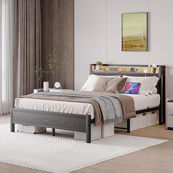 Double Bed Frame with LED Lights Storage Headboard,4ft6 Metal Bed Frame Double Bed with Charging Station,Strong Steel Slats Support,Underbed Storage,Noise Free,Black Bed 135x190cm