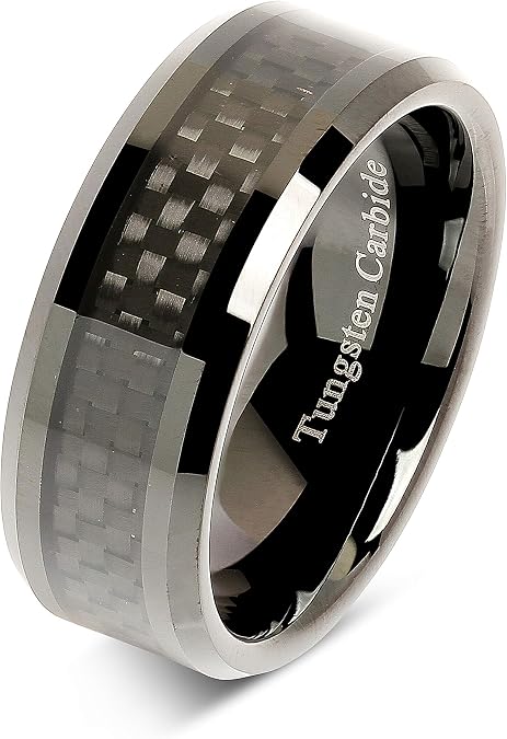 100S JEWELRY 8mm Tungsten Carbide Ring Carbon Fiber Inlay Black Plated Wedding Band Size 6-16