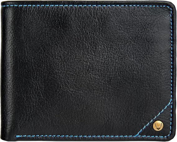 HIDESIGN Angle Stitch Vegetable Tanned Leather Men's Multi-Compartment Trifold Wallet with RFID Shielding Technology, 9 Card Slots and ID Window - Size (L x H - 4.5 x 3.5 inches), Black