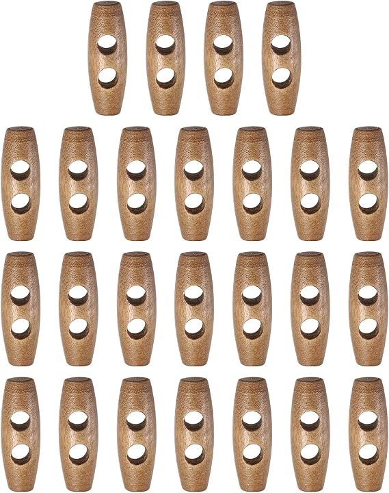 HARFINGTON 25pcs Wooden Toggle Buttons 30mm / 1.2" Double Hole Wood Olive Horn Sewing Buttons for Coat Sweaters Clothing DIY Craft, Light Brown