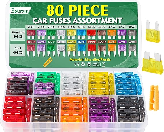 Bolatus 80Pcs Car Fuses - Mini/Standard Blade, 2A-40A, Caravan, Motorcycle, Truck, RV Fuse Puller