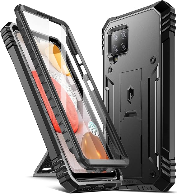 Poetic Revolution Case for Samsung Galaxy A42 5G, Built-in Screen Protector Work with Fingerprint ID, Full Body Rugged Shockproof Protective Cover Case with Kickstand, Black