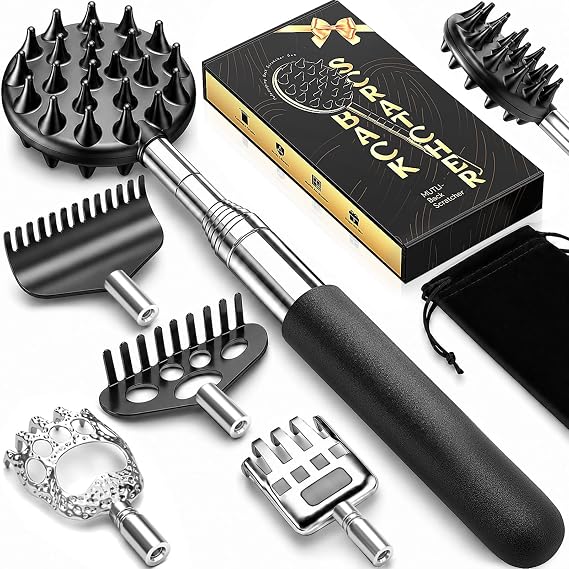 Telescoping Back Scratcher with 5 Detachable Heads, Gift for Men Black