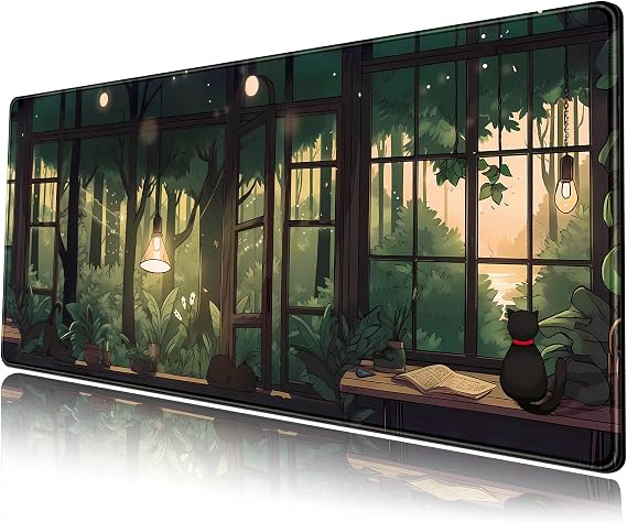 Cute Lofi Green Plants Mouse Pad - Large Black Cat Aesthetic Kawaii Anime Extended Gaming Mousepad XL Laptop Keyboard Mat - 31.5"x11.8" Cute Office Desk Decor