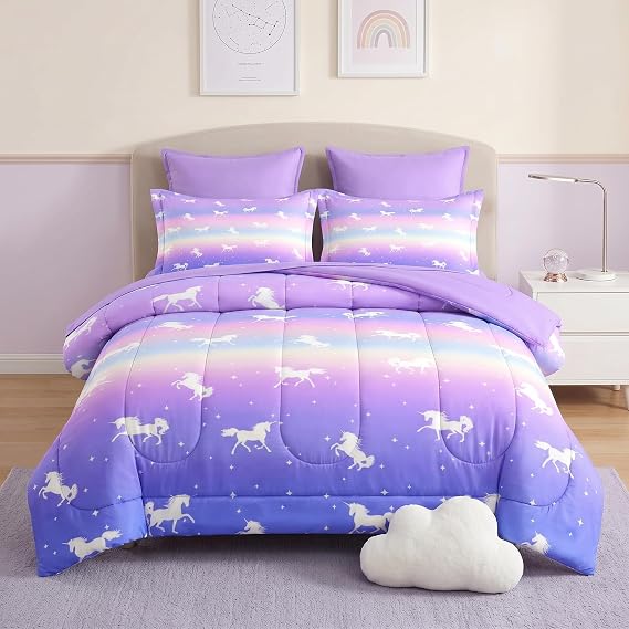 Pamnest Twin Comforter Set with Sheets, 5 Pieces Unicorn Starry Bedding