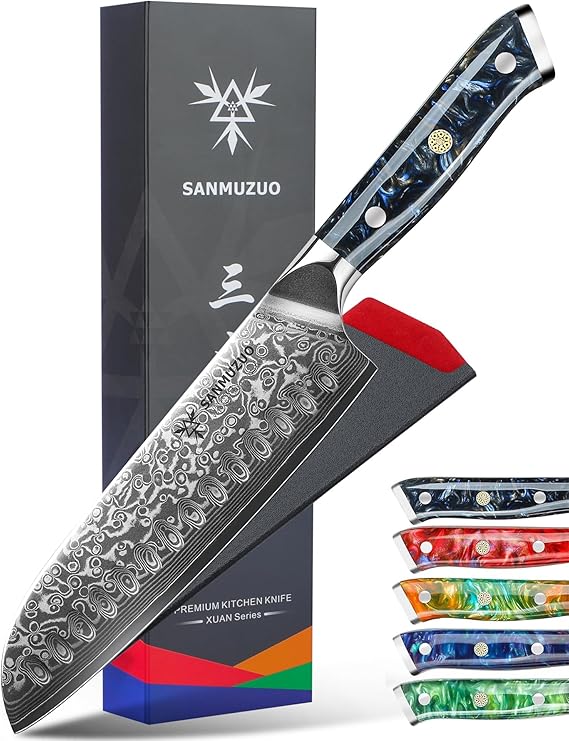 Santoku Knife - 7 inch - Xuan Series - VG10 Damascus Steel Kitchen Knife - Resin Handle (Starry Black)