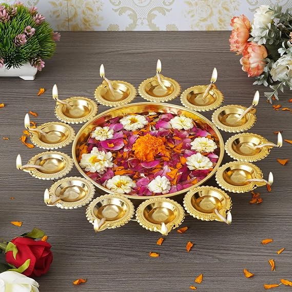 Webelkart Diya Shape Flower Decorative Urli Bowl, Metal Handcrafted for Floating Flowers and Tea Light Candles, Home, Office and Table Decor, Diwali Decoration (14 Inches)