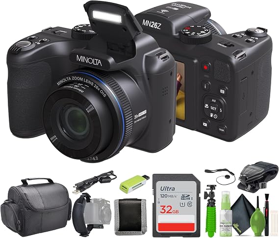 Minolta MN26Z 20 Mega Pixels 26x Optical Zoom Digital Camera with 1080p FHD Video Bundle with 32 GB Memory Card + Vlogging Tripod + Cleaning kit + More Accessories - Black