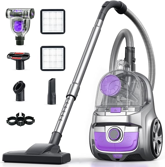Canister Vacuum, Upgraded 1600W Bagless Canister Vacuum Cleaner, Auto Cord Rewind, H13 HEPA Filter, 4Qt Large Capacity, 5 Tools for Hard Floors, Carpet, Pet, Upholstery, Tiles, Tangerine