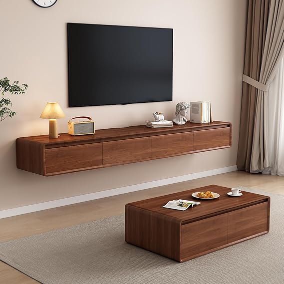 Floating TV Unit - Wall Mounted Media Console with 2 Flip-Down Doors & 2 Drawers Entertainment Center TV Cabinet, Video Shelf for Home Room (Walnut, 240CM)