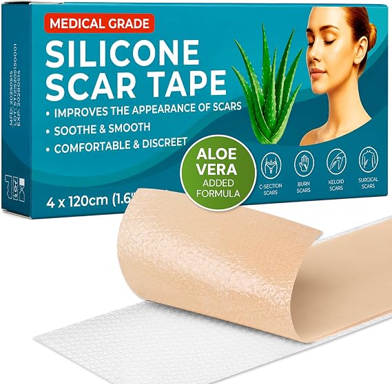 Medical Grade Silicone Scar Tape | 4cm x 1.2M | Silicone Scar Sheets for After Surgery C Section Recovery, Wrikles Removal, Face Treatment Gel Patches/Plasters (Aloe Vera 1.6" x 4ft)