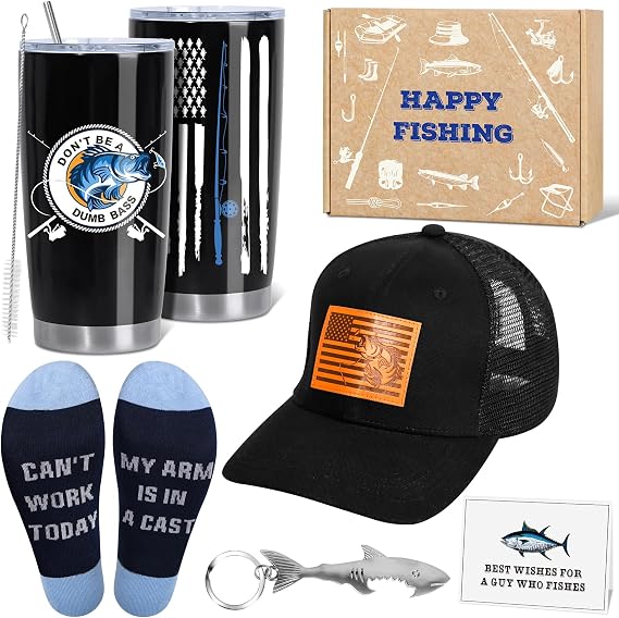 UAREHIBY Fishing Gifts for Men,Funny Birthday Gifts with Fishing Socks and Hat for Him,Christmas Stocking Stuffers for Boys Son Husband Boyfriend,Fisherman Gifts for Dad Grandpa