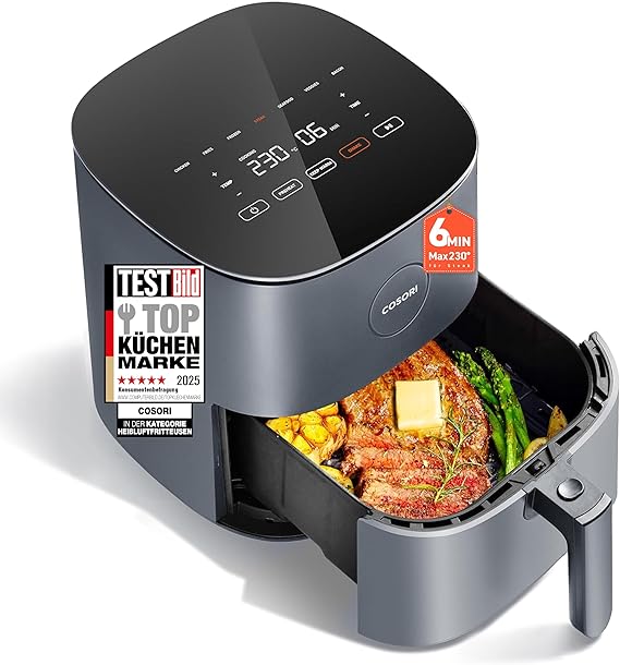 Cosori Airfryer 4.7L 7-in-1 Hot Air Fryer 55% energy saving maximum 230°C and 55dB quiet light grey