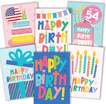Hadley Designs Happy Birthday Cards Bulk with Envelopes - 54 Assorted Birthday Cards for Kids & Adults, Bulk Greeting Card Pack for Office, Generic Bday Notecards with Envelopes, Designed in USA