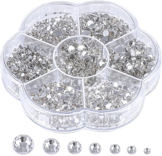 3000pcs Flat Back Glass Rhinestones Kit, Bling Round Crystal Rhinestones, 7 Sizes 1.5-4.8mm, Diamond Crystal Gems with Storage Box Kit, for DIY Crafts, Nail Art, Scrapbooking, Decoration