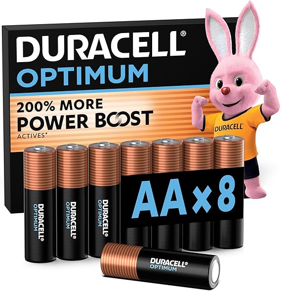 Duracell Optimum AA Mignon Alkaline Batteries 1.5V LR6 MX1500 Pack of 8 200% more POWER BOOST Actives - for devices with high power requirements surveillance systems - 0% plastic packaging