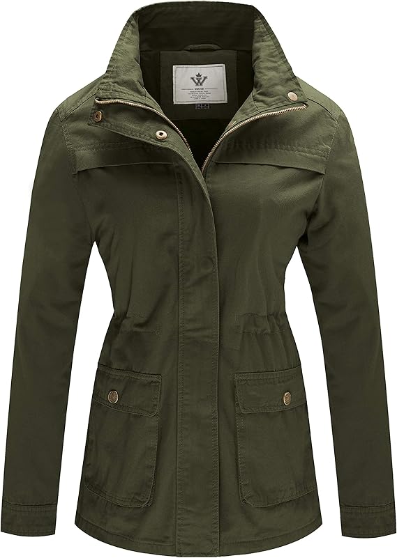 WenVen Women's Casual Military Jacket Cotton Stand Collar Utility Anorak Coat