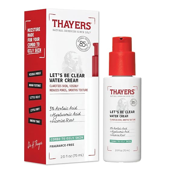 THAYERS Let's Be Clear Water Face Cream, Moisturizer with Azelaic Acid and Hyaluronic Acid, Skin Care for Combination to Oily Skin, 2.5 Oz | Moisturizer with Azelaic Acid and Hyaluronic Acid, Skin Care for Combination to Oily Skin