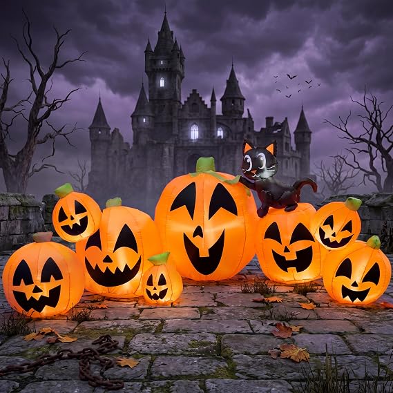 Joiedomi 10 FT Long Halloween Inflatables Outdoor Decorations, Blow Ups Inflatable Pumpkin for Yard with Witch's Cat, 8 Pcs Blow Up Pumpkin Decor for Halloween Decorations Outside