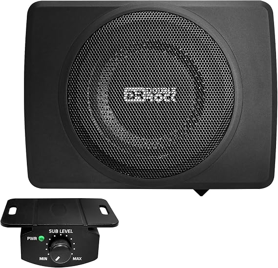 CB08 8 Inch Slim Underseat Powered Car Subwoofer 600W Peak | 120W RMS Built-in Class AB Amp, Low Profile Amplified Car Audio Subwoofer with Remote Control,fits Cars, Trucks, SUVs