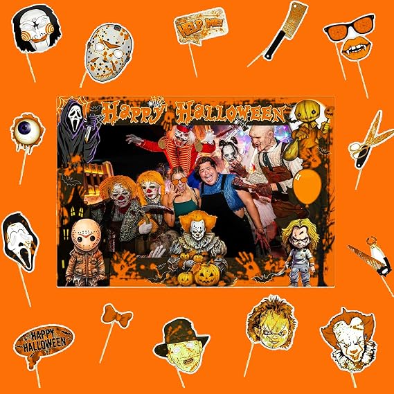 Halloween Photo Booth Props Kit, 16-Piece Selfie Frame Set (Orange)