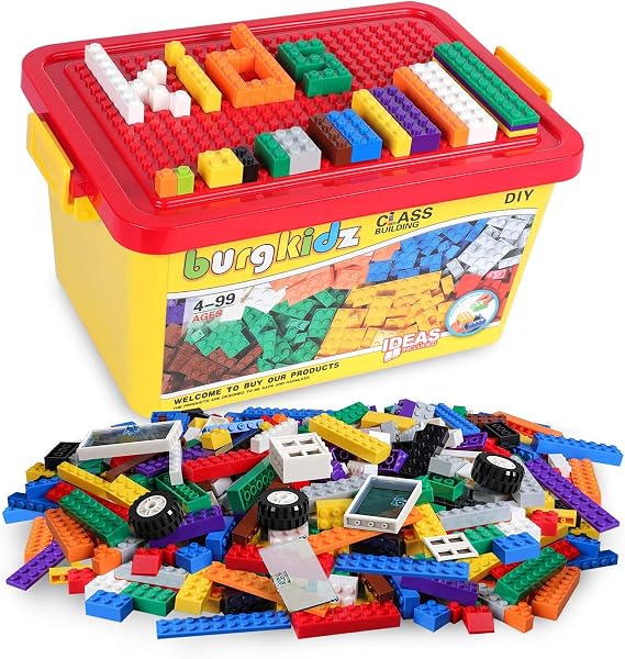 burgkidz Building Blocks Set with Storage Box and Lid Baseplate: 568 Pieces Classic Bricks Compatible with Major Brands, Wheels Doors Windows, STEM Toy for Toddlers Age 3+, Gift for Boys Girls