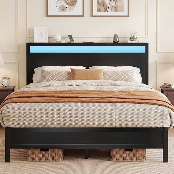 Fluest Queen Bed Frame with Headboard & Footboard, Bed Frame with Built-in Charging Station & LED Light, Storage Shelf, Noise-Free, No Box Spring Needed, Easy Assembly, Classic Black