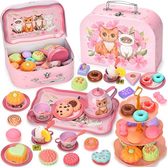Lajeje Cat Tea Party Set for Toddlers & Little Girls Ages 3-6 Pretend Play Toy & Birthday Gift, Includes Kitten Tin Tea Set, Desserts & Carrying Case