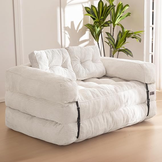MAXYOYO Folding Sofa Bed, L-Shaped Convertible Sofa Bed with Armrest Foldable Sleeper Couch with Pillow, Portable Fold Out Chair Comfy Floor Couch Lounge for Living Room Bedroom, Beige, Double