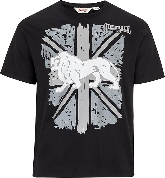 Lonsdale Men s T-Shirt Black Classic Lion Logo on Graphic Union-Jack Size Small (Regular Fit)
