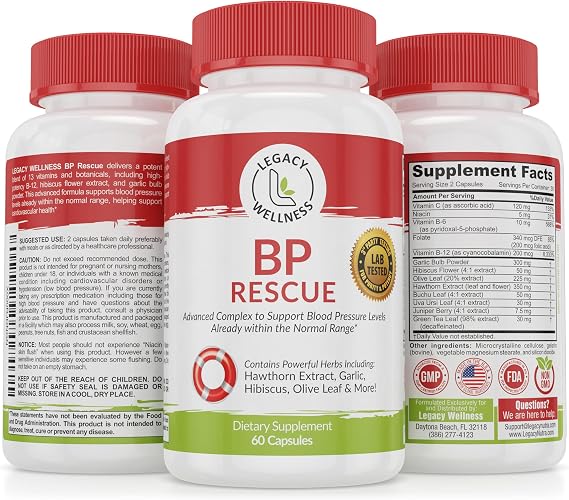 BP Rescue Blood Pressure Support Supplement - Vitamins & Herbs to Help Circulation & Blood Flow - Natural Blood Pressure Supplements with Hawthorn Berry, Garlic, Hibiscus in Capsules for Men & Women