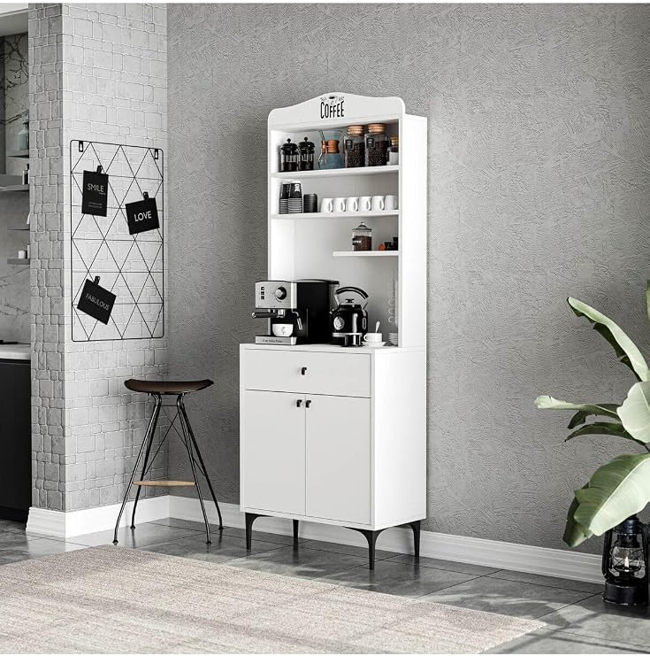 Mezza 5200 Siesta 69 Cm Coffee Corner Multi-Purpose Cabinet 2 Lids 1 Drawer Pantry Kitchen Cabinet White