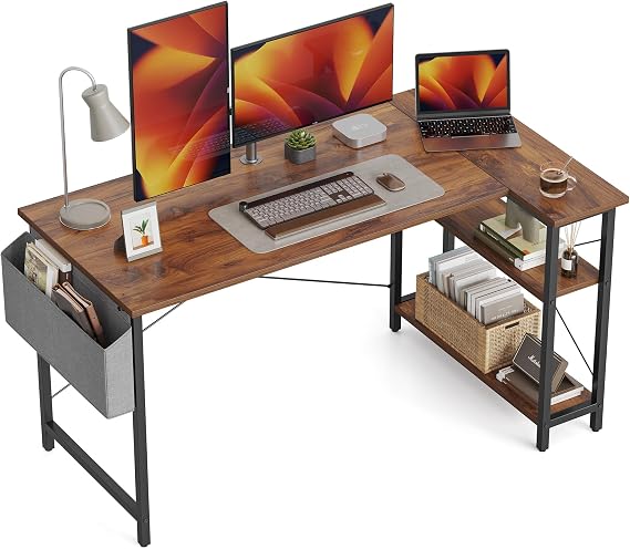 CubiCubi L Shaped Gaming Desk, 120x70 cm Computer Desk with Storage Bag, Office Desk Writing Table with Large Reversible Storage Shelves, Workstation for Study, Play, Work, Home Office, Rustic Brown