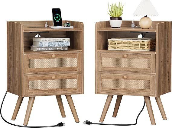 SUPERJARE Night Stand with Charger Station, Boho Rattan Nightstand Set of 2 | 25.2 Inch Tall Bed Side Table with 2 Drawer & Solid Wood Feet, End Table, Open Storage, Synthetic Rattan, for Bedroom, Walnut