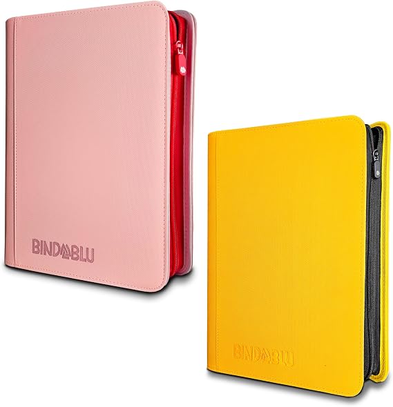 Bundle of 9 Pocket Trading Card Zip Binder - Pink card binder and Yellow card binder - 360 Side Loading Pocket Binder for Collectible Games, Sport, TCG