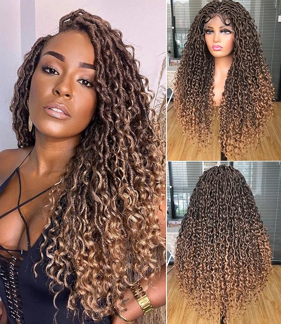 Goddess Faux Locs Wigs for Black Women 30inch Full Lace Goddess Bohemia Locs Braided Wigs with Baby Hair Hippie Locs Twist Synthetic Goddess Wig with Curly Ends(Ombre Blonde)