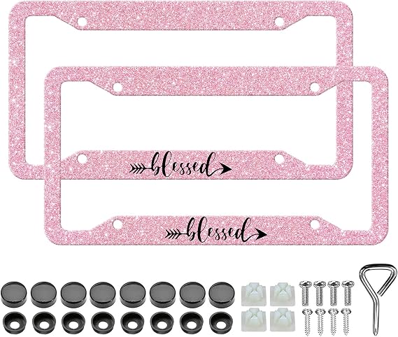 Blessed Pink License Plate Frames - 2 Pack Pink Foil Metal Cover Glossy Print Car Accessories Waterproof Rust Proof Decorative Car Frames