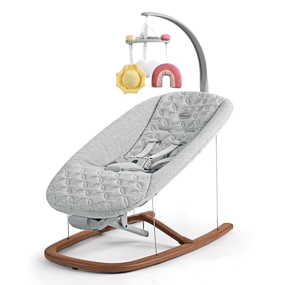Chicco Float Baby Bouncer, Baby Swing for Infants, Organic Cotton | Seated baby bouncer seat, Cloud/Grey, quilted cotton pad, toy bar with plush toys, 5-point harness, folds flat for storage