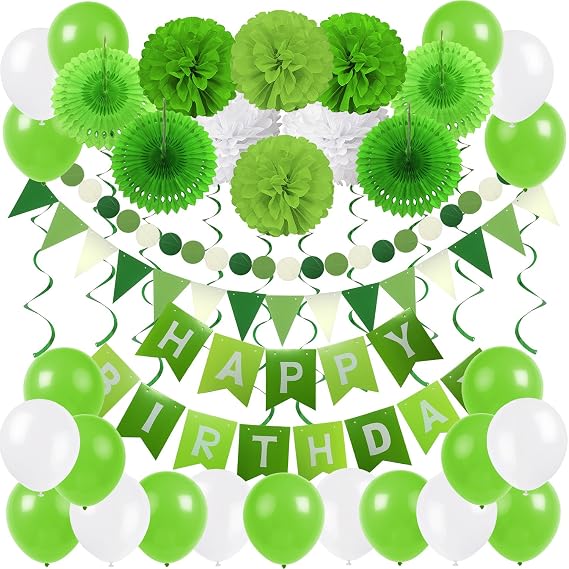 ZERODECO Birthday Party Decoration - Green & White Banner, Fans, Pom Poms, Balloons & More