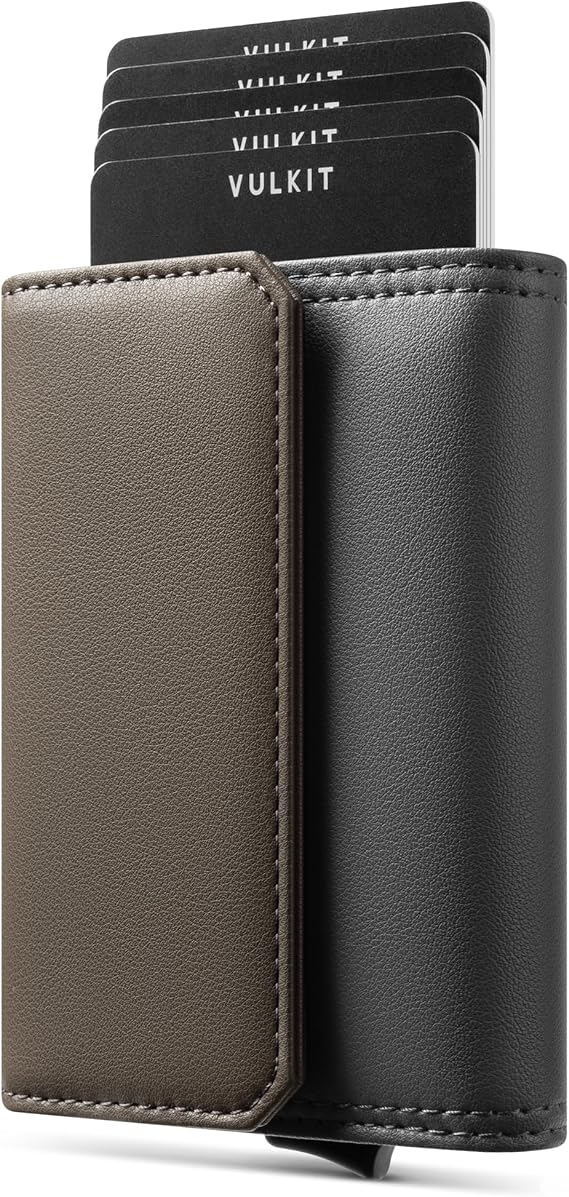 VULKIT Credit Card Holder Wallet for Men RFID Blocking, ID Window and Cash/Bills Slot, Gift Box Packed, Grey and Green