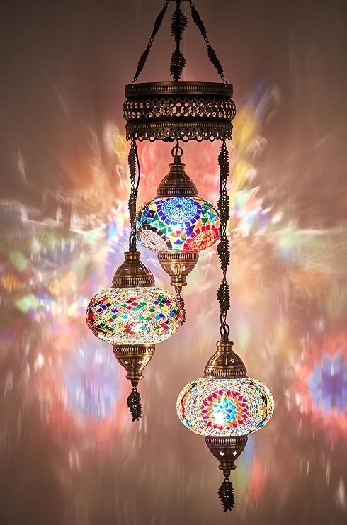 DEMMEX Turkish Moroccan Mosaic Hardwired Chandelier Light Ceiling Hanging Lamp Pendant Fixture Lighting, 3 Big Globes (Hardwired)