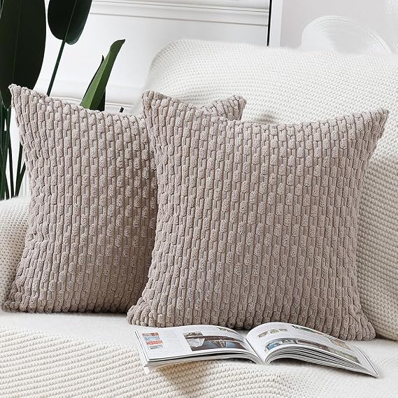 MADIZZ Pack of 2 Corduroy Decorative Throw Pillow Covers 20x20 Inch Taupe Soft Boho Striped Couch Throw Pillows for Bed Pillowcases for Sofa Livingroom Home Decor